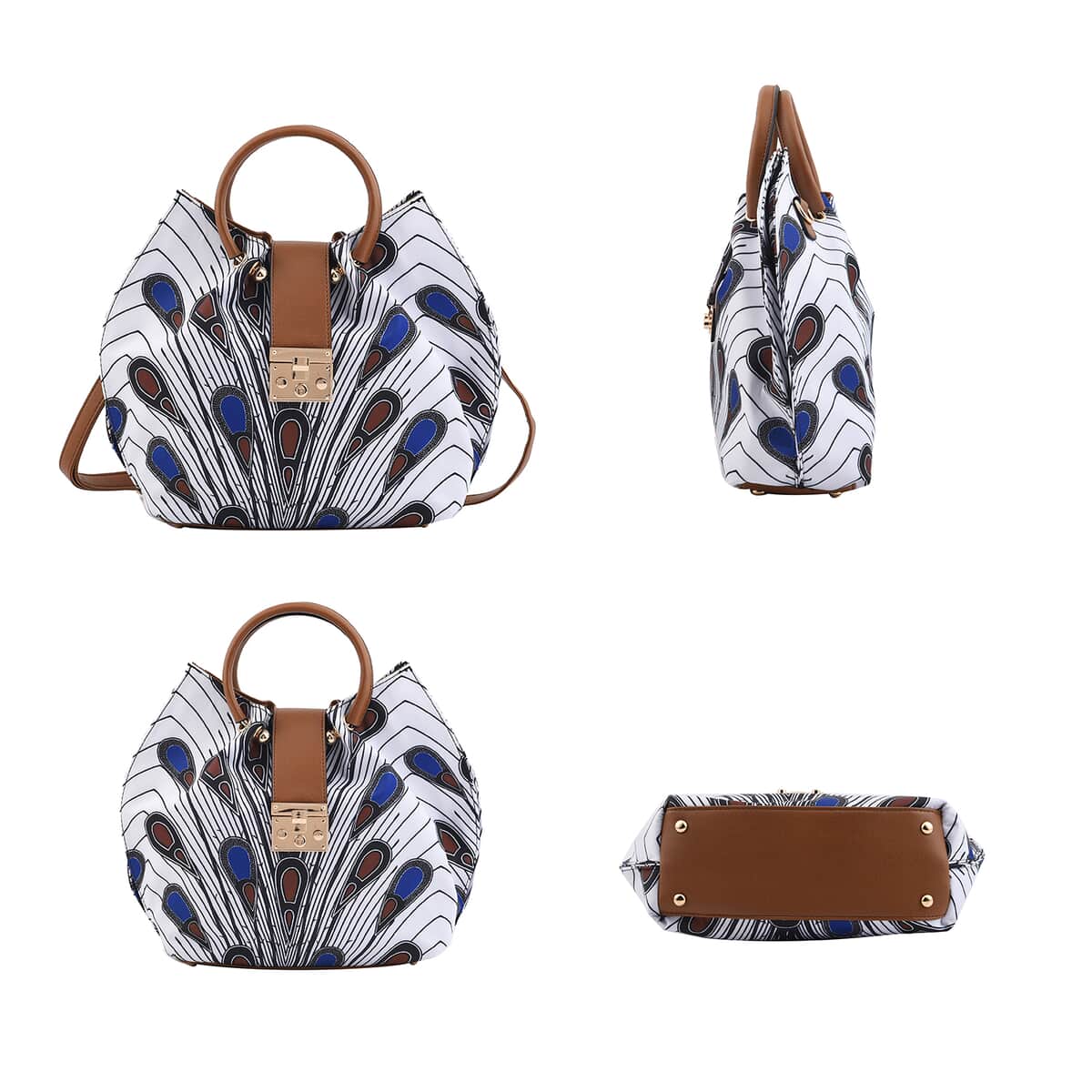 Set of 2 Brown and White & Blue Feather Pattern Nylon, Faux Leather Tote Bag and Clutch image number 3