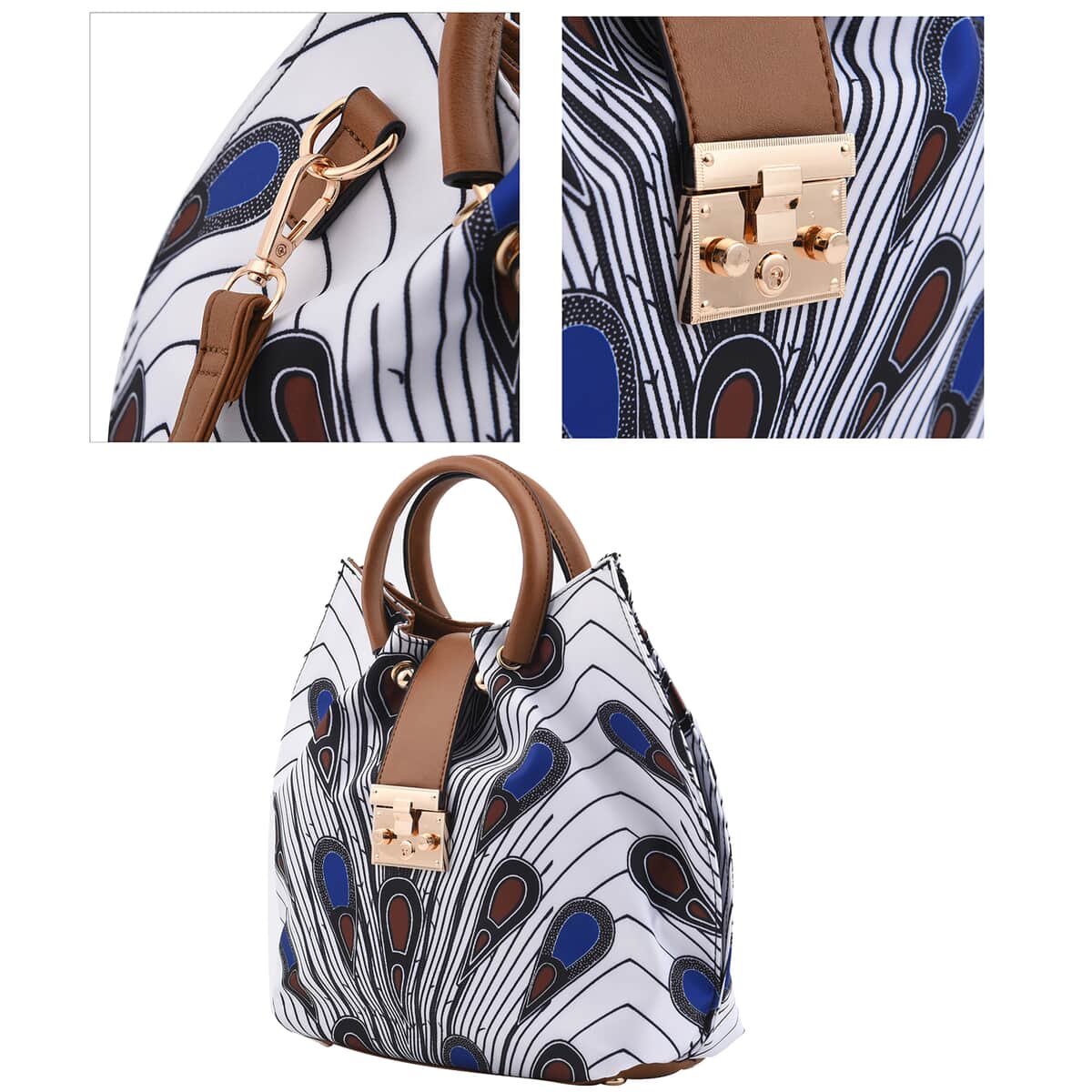 Set of 2 Brown and White & Blue Feather Pattern Nylon, Faux Leather Tote Bag and Clutch image number 4