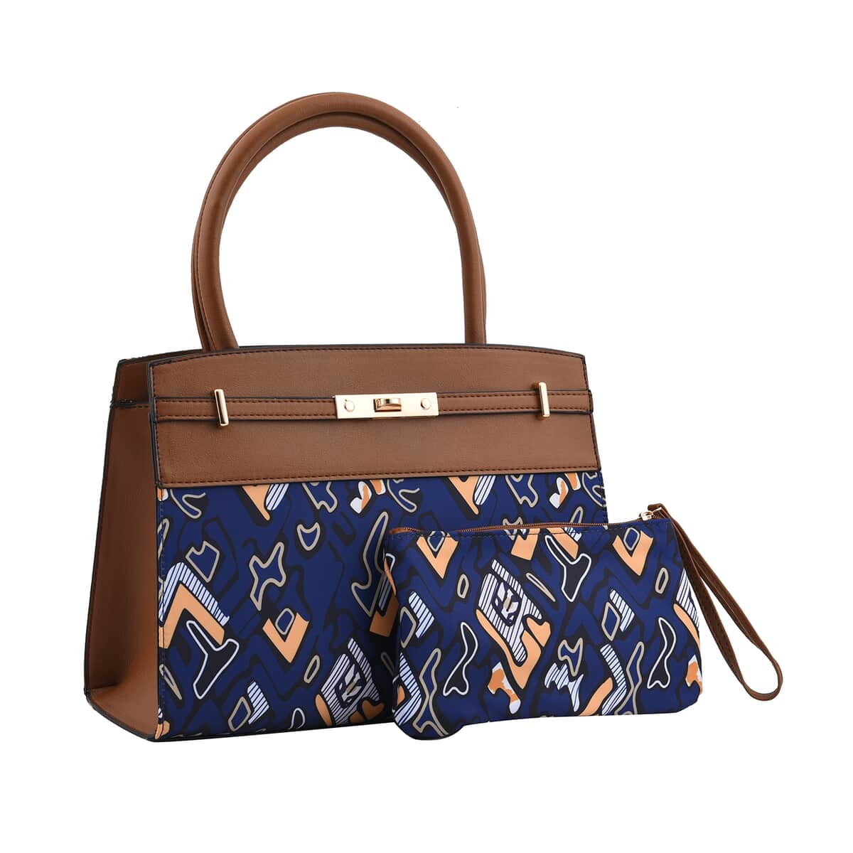 Set of 2 Brown and Blue Geometric Pattern Nylon, Faux Leather Tote Bag and Clutch image number 0