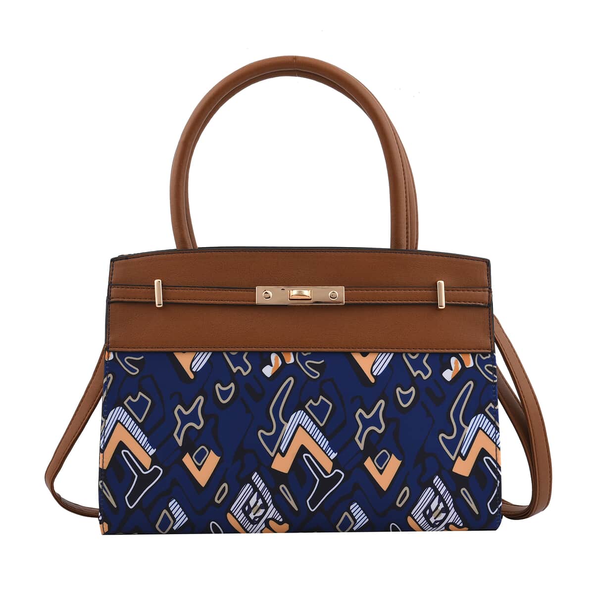 Set of 2 Brown and Blue Geometric Pattern Nylon, Faux Leather Tote Bag and Clutch image number 1