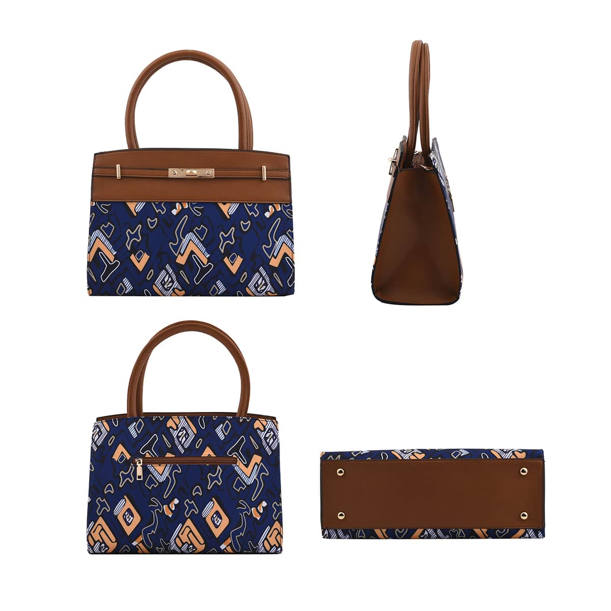 Set of 2 Brown and Blue Geometric Pattern Nylon, Faux Leather Tote Bag and Clutch image number 2
