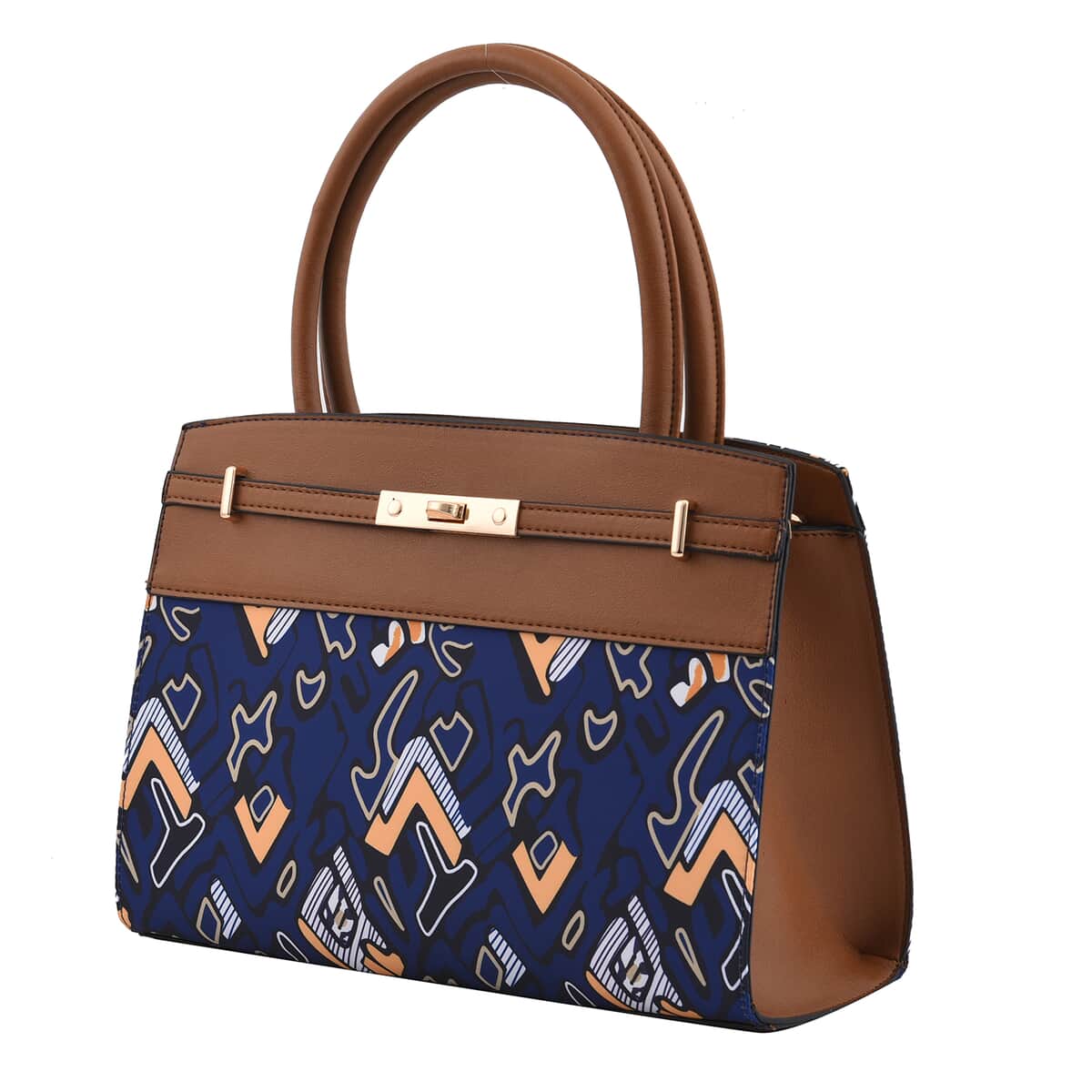Set of 2 Brown and Blue Geometric Pattern Nylon, Faux Leather Tote Bag and Clutch image number 3