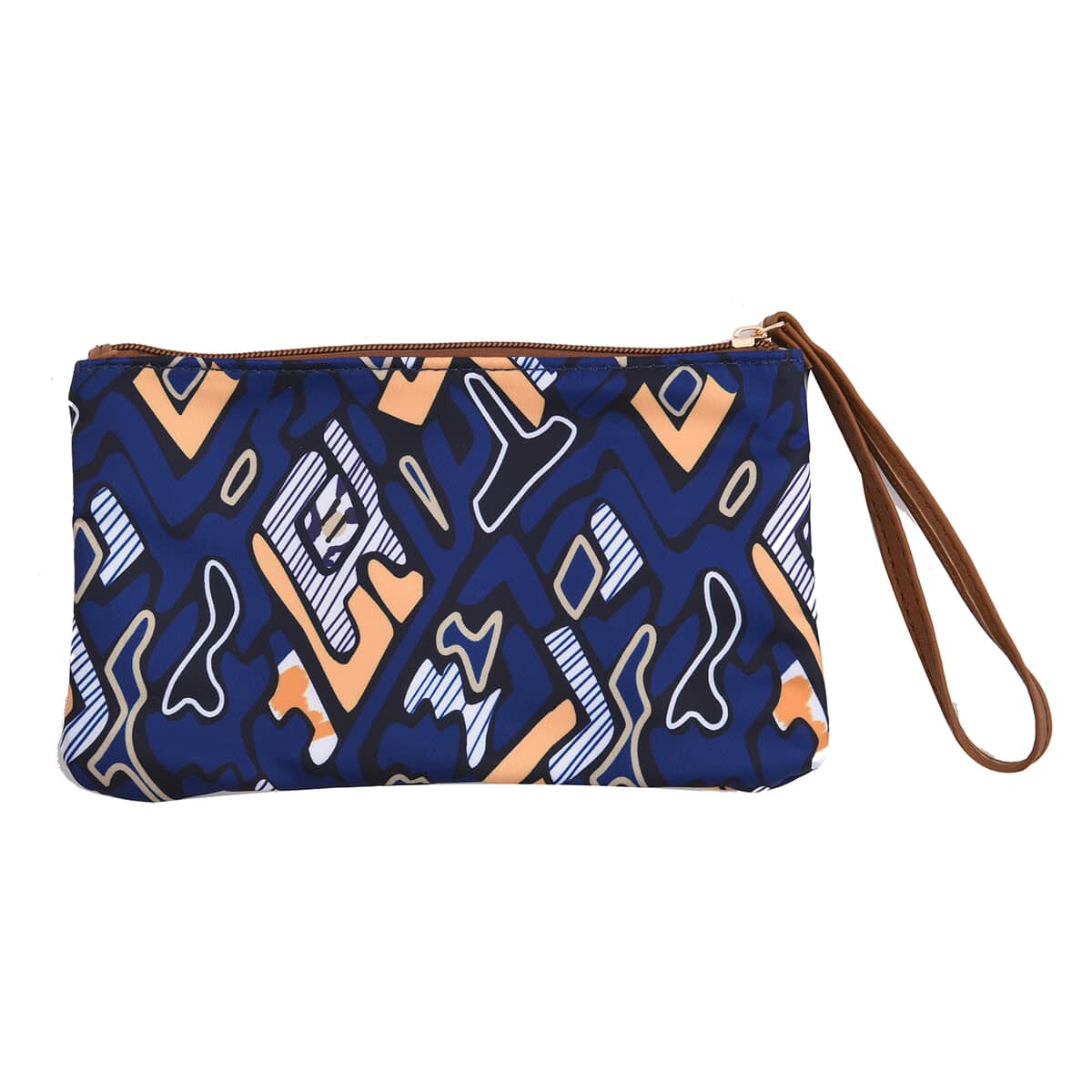 Set of 2 Brown and Blue Geometric Pattern Nylon, Faux Leather Tote Bag and Clutch image number 6