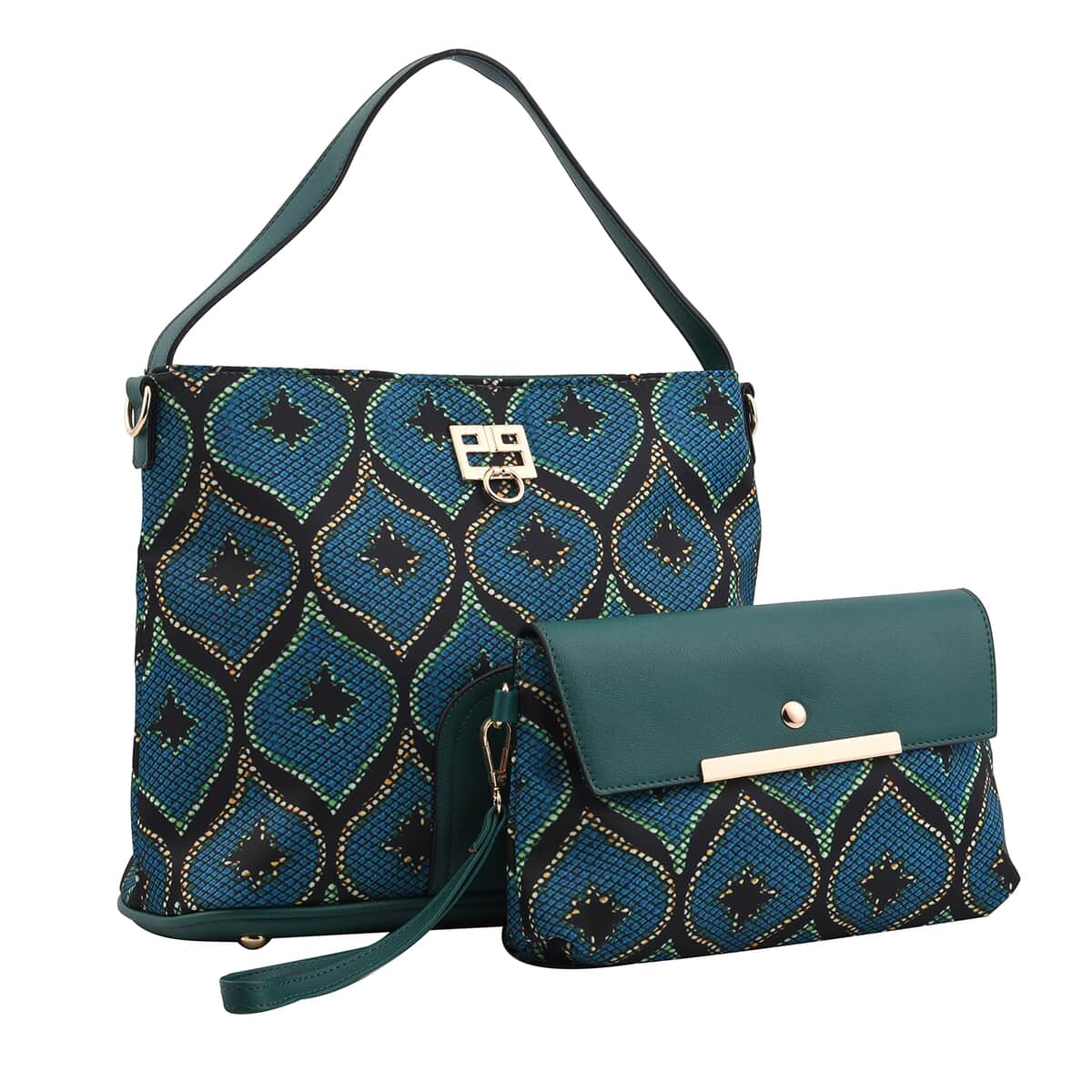 Set of 2 Teal Ogee Pattern Nylon, Faux Leather Tote Bag and Clutch image number 0