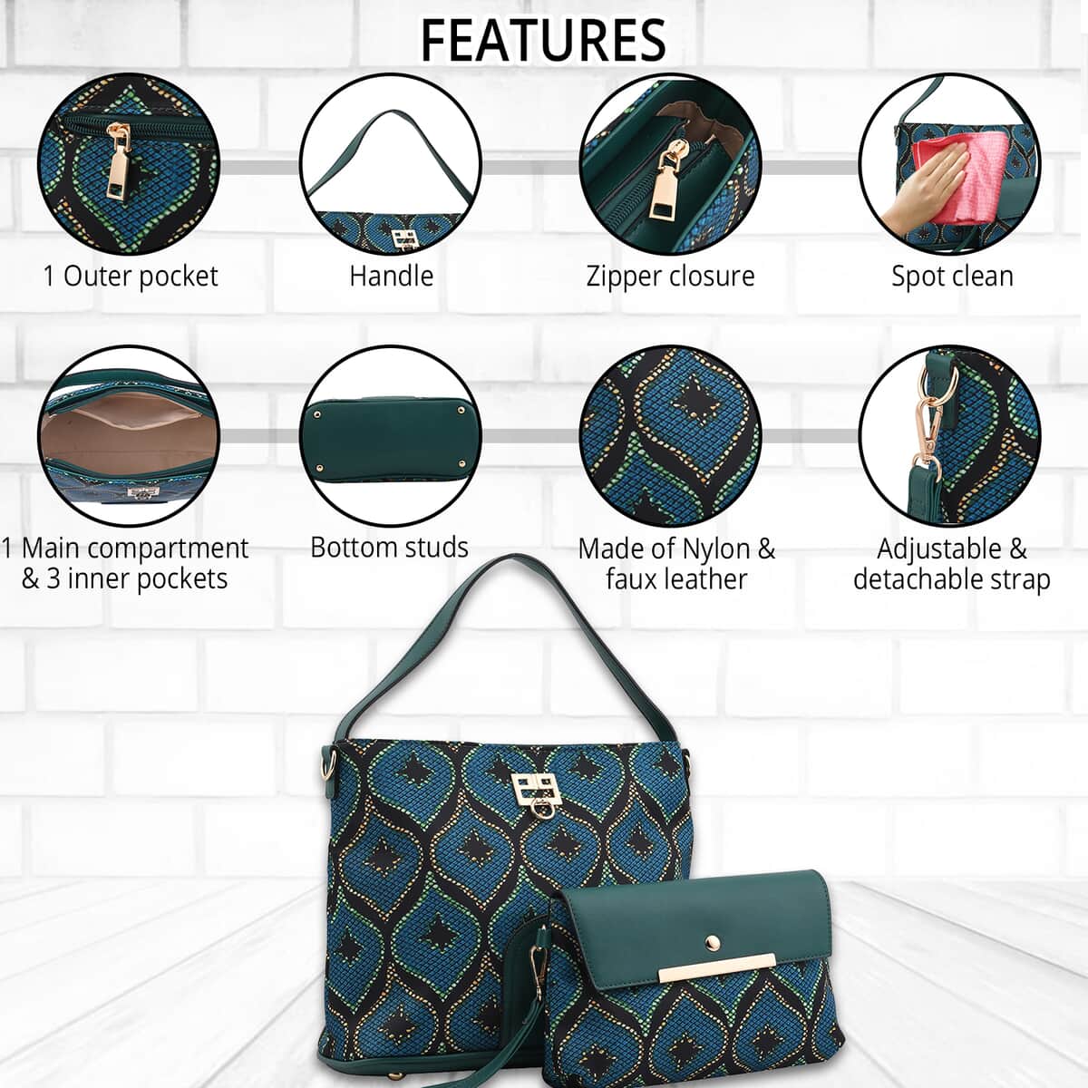 Set of 2 Teal Ogee Pattern Nylon, Faux Leather Tote Bag and Clutch image number 1