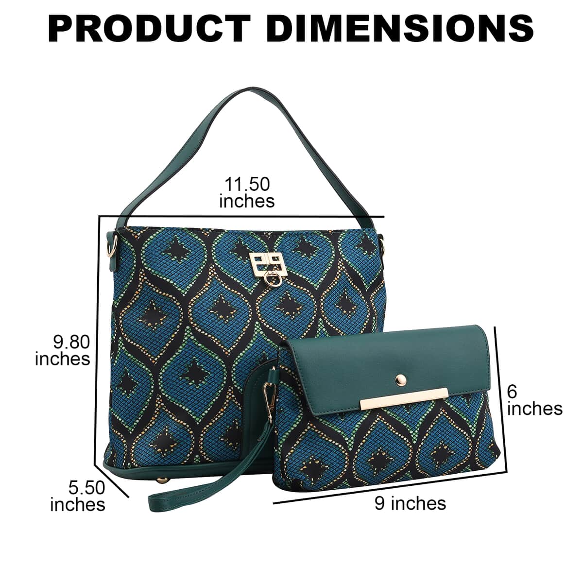 Set of 2 Teal Ogee Pattern Nylon, Faux Leather Tote Bag and Clutch image number 2