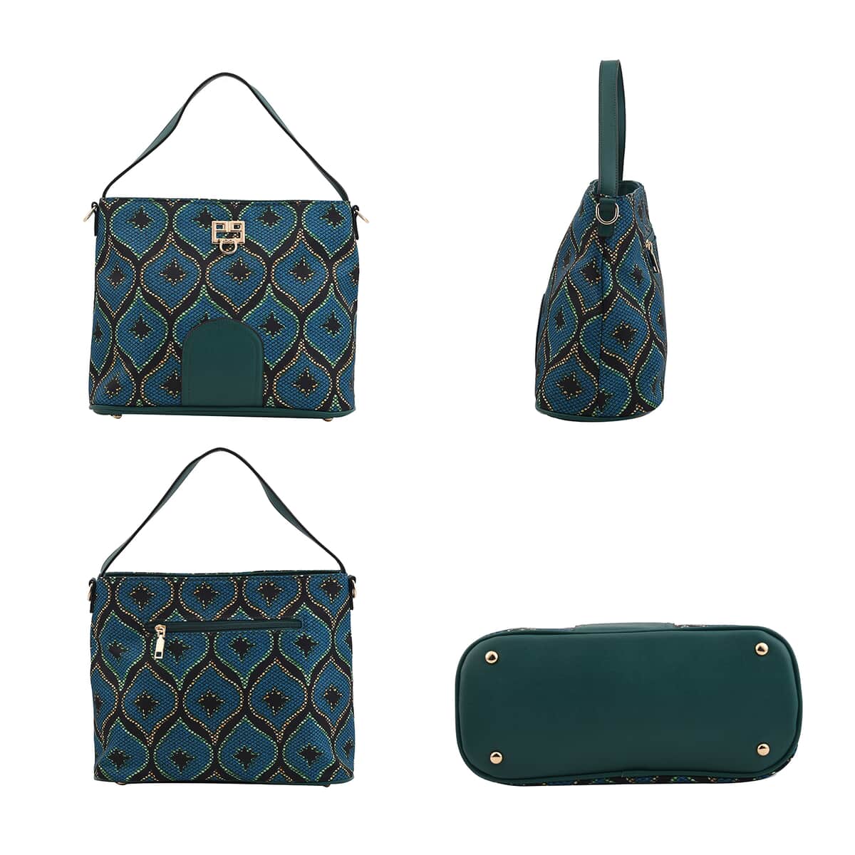 Set of 2 Teal Ogee Pattern Nylon, Faux Leather Tote Bag and Clutch image number 3
