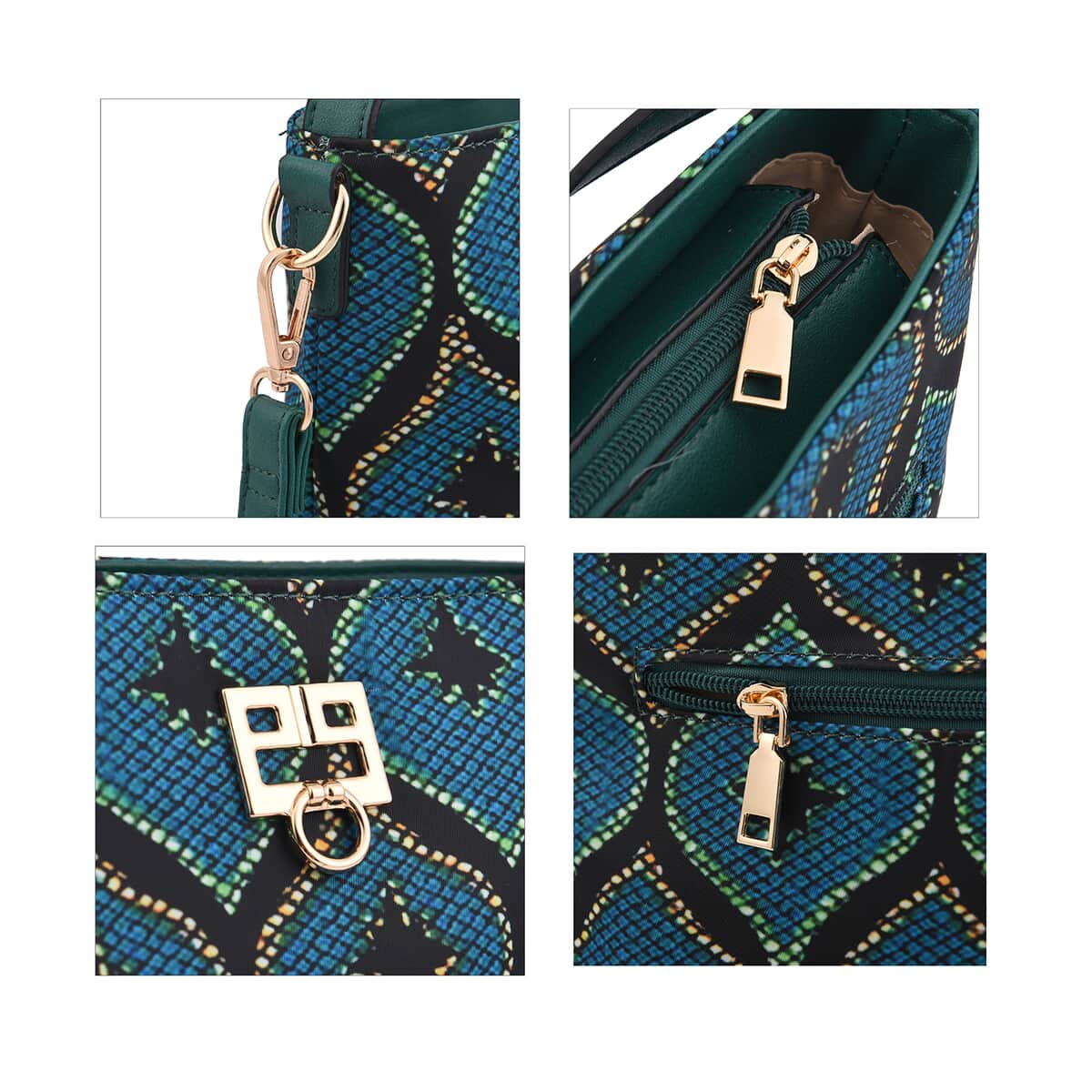 Set of 2 Teal Ogee Pattern Nylon, Faux Leather Tote Bag and Clutch image number 4