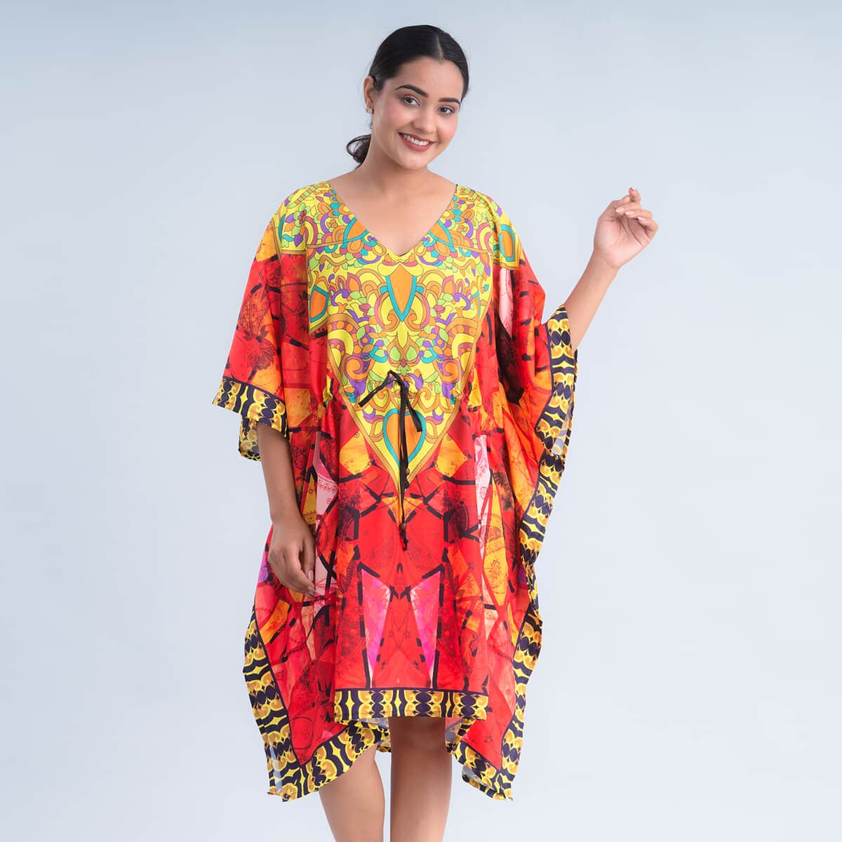 JOVIE Red Digital Print Kaftan with Drawstring - One Size Fits Most image number 0