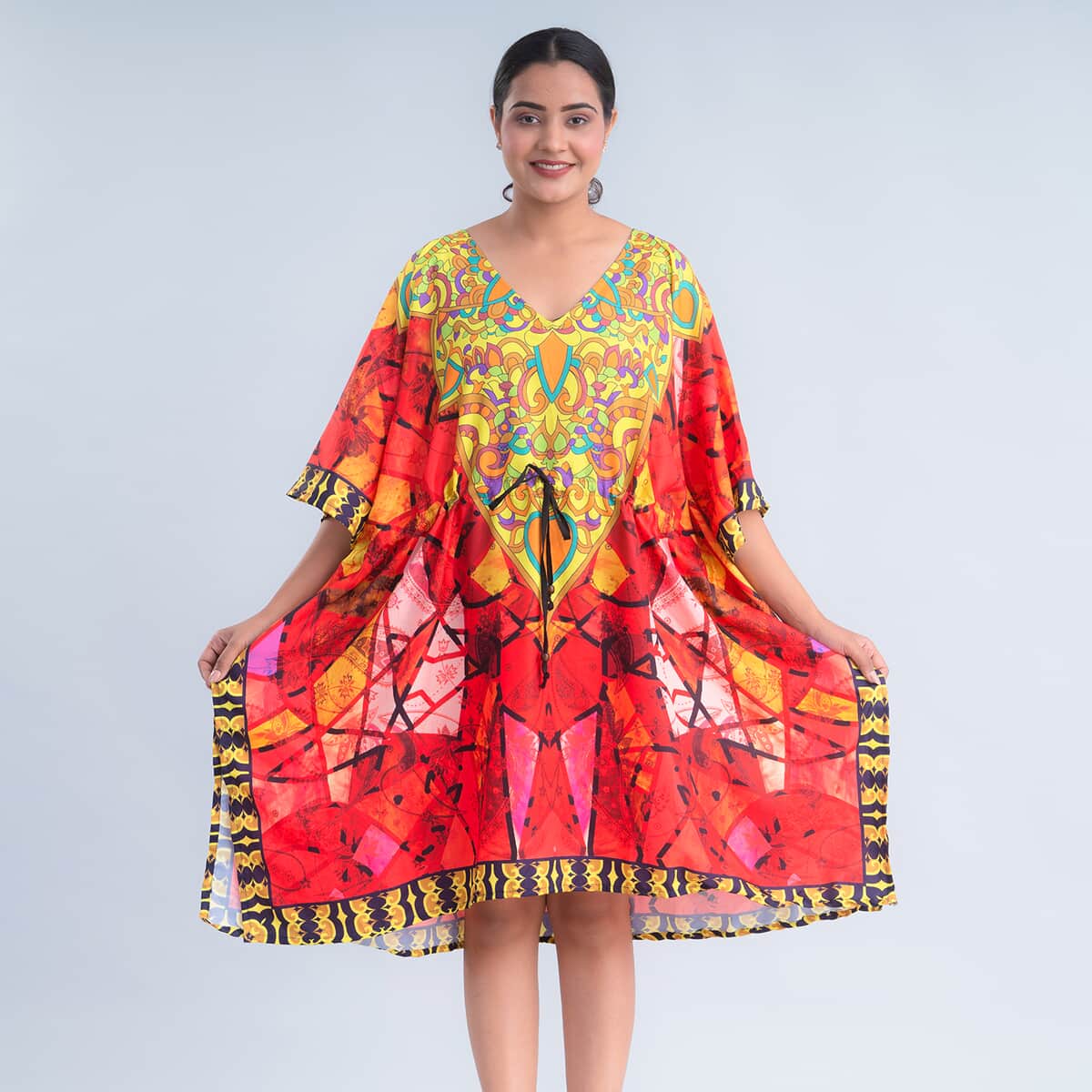 JOVIE Red Digital Print Kaftan with Drawstring - One Size Fits Most image number 1
