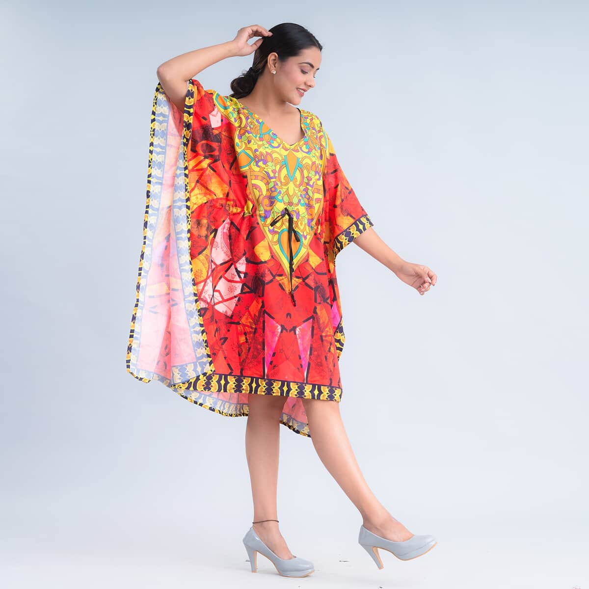 JOVIE Red Digital Print Kaftan with Drawstring - One Size Fits Most image number 3