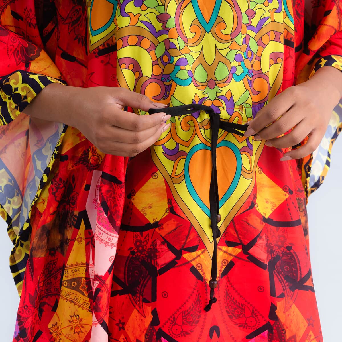 JOVIE Red Digital Print Kaftan with Drawstring - One Size Fits Most image number 4