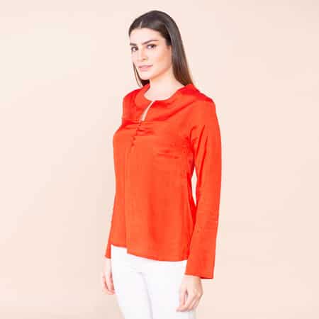 Tamsy Orange 100% Shenton Long Sleeve V-neck Top - L image number 3