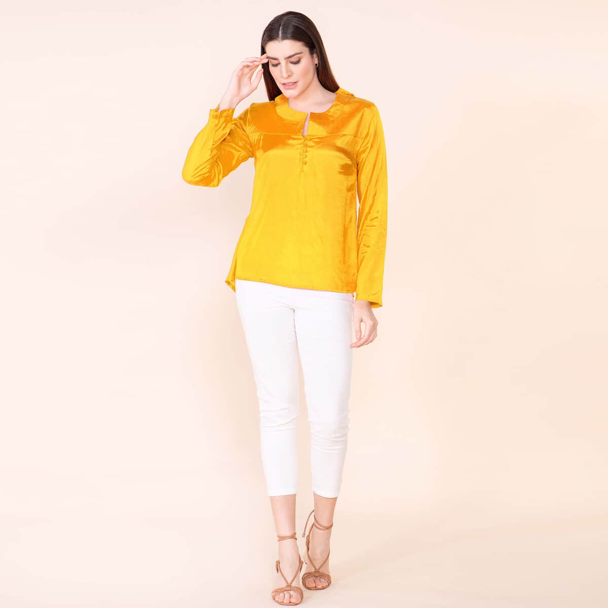 Tamsy Yellow 100% Shenton Long Sleeve V-neck Top - L image number 0