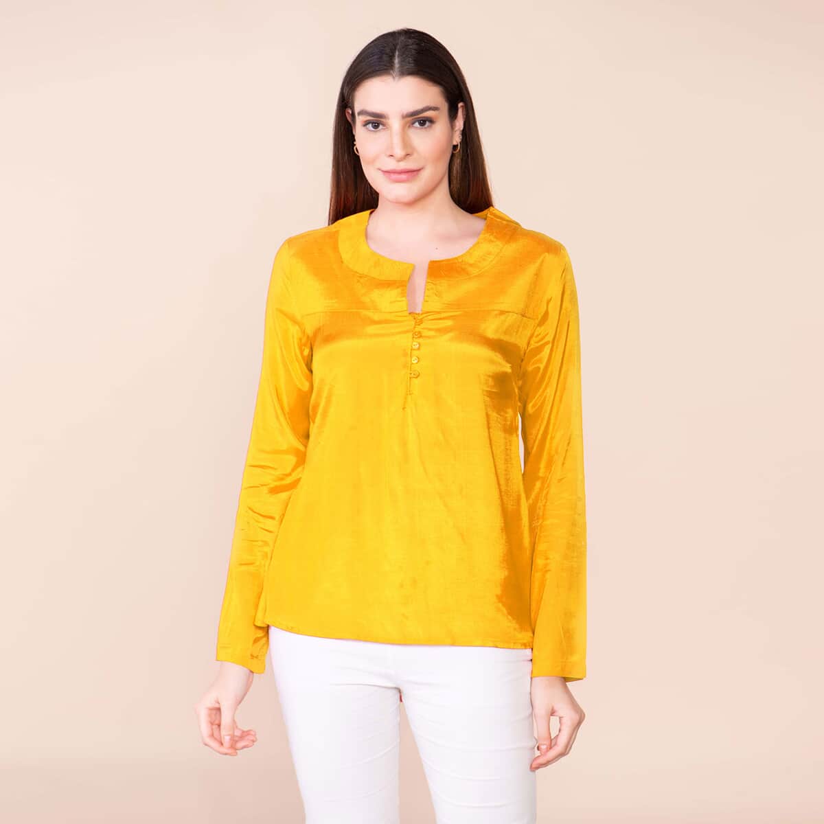 Tamsy Yellow 100% Shenton Long Sleeve V-neck Top - L image number 1