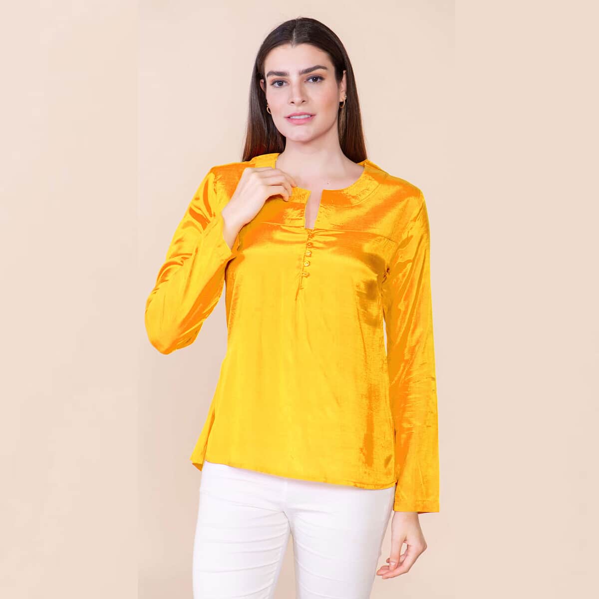 Tamsy Yellow 100% Shenton Long Sleeve V-neck Top - L image number 2