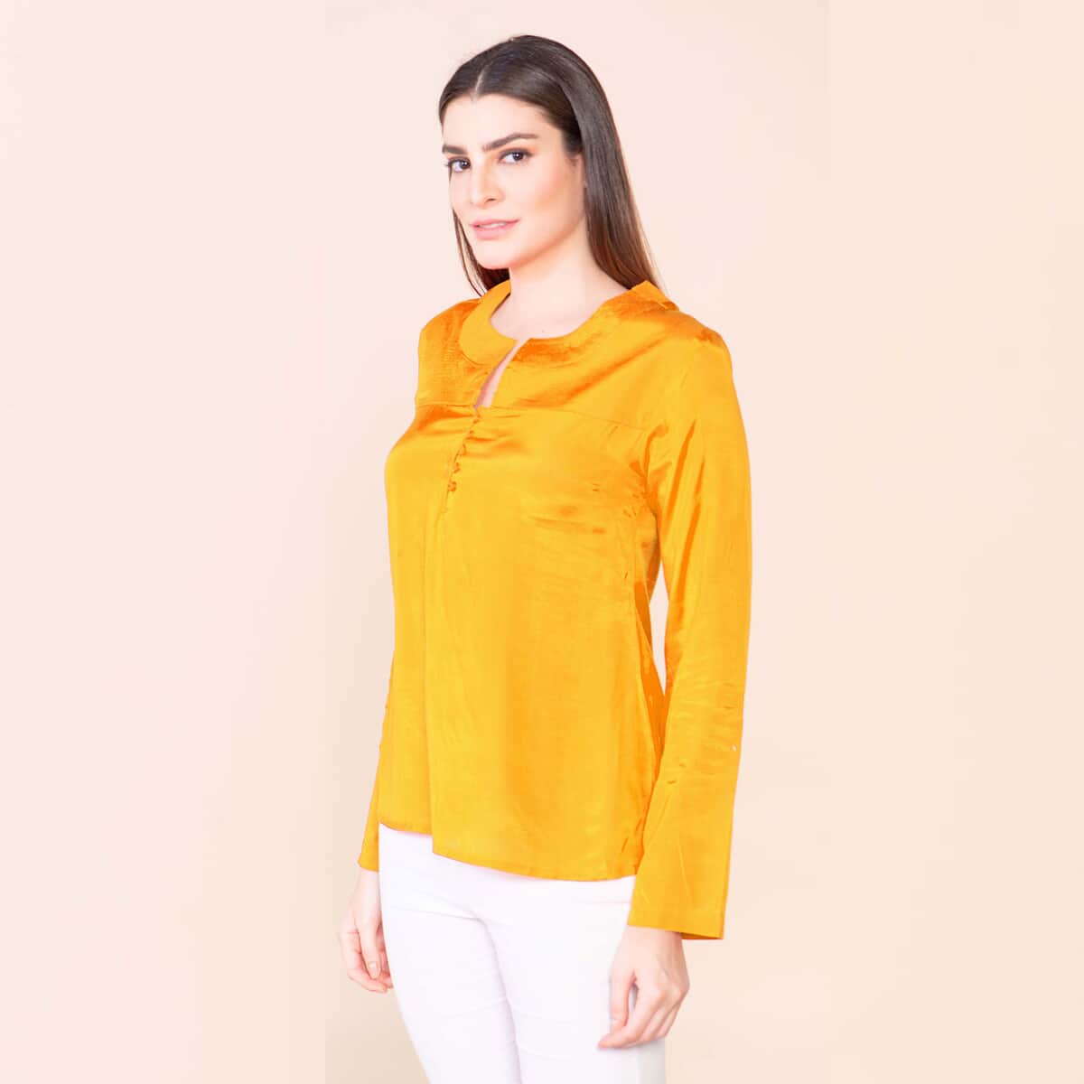 Tamsy Yellow 100% Shenton Long Sleeve V-neck Top - L image number 3