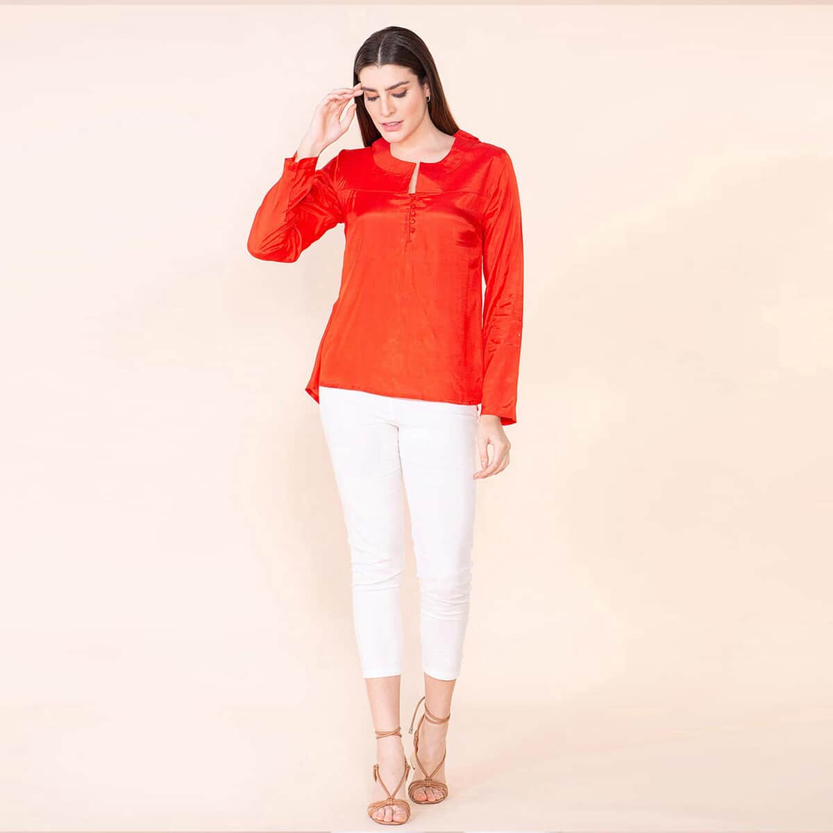 Tamsy Orange 100% Shenton Long Sleeve V-neck Top - M image number 0