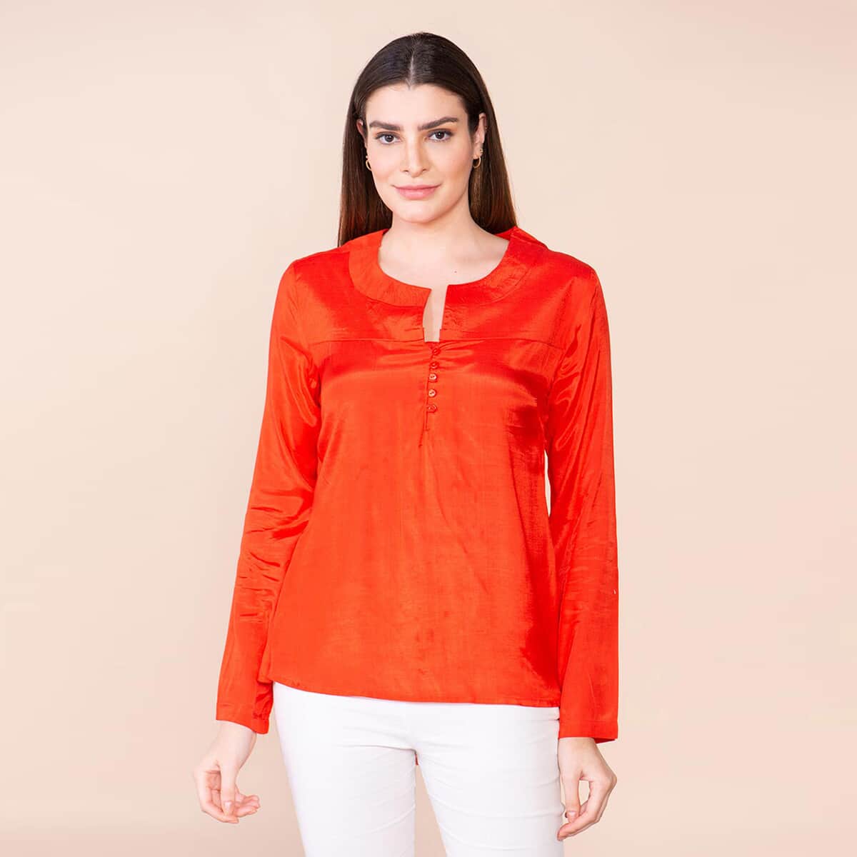 Tamsy Orange 100% Shenton Long Sleeve V-neck Top - M image number 1