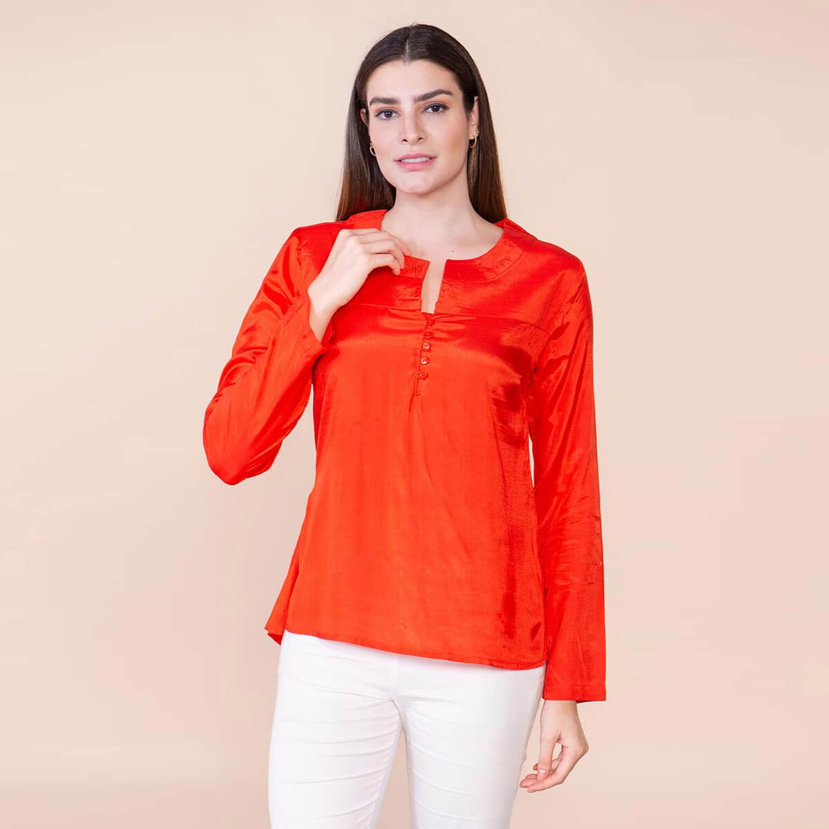 Tamsy Orange 100% Shenton Long Sleeve V-neck Top - M image number 2