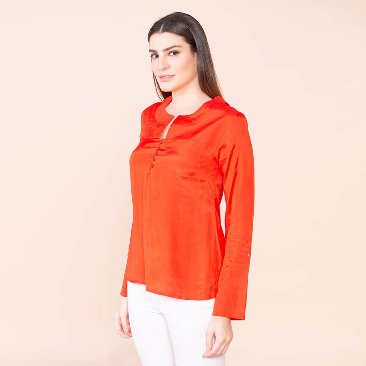 Tamsy Orange 100% Shenton Long Sleeve V-neck Top - M image number 3