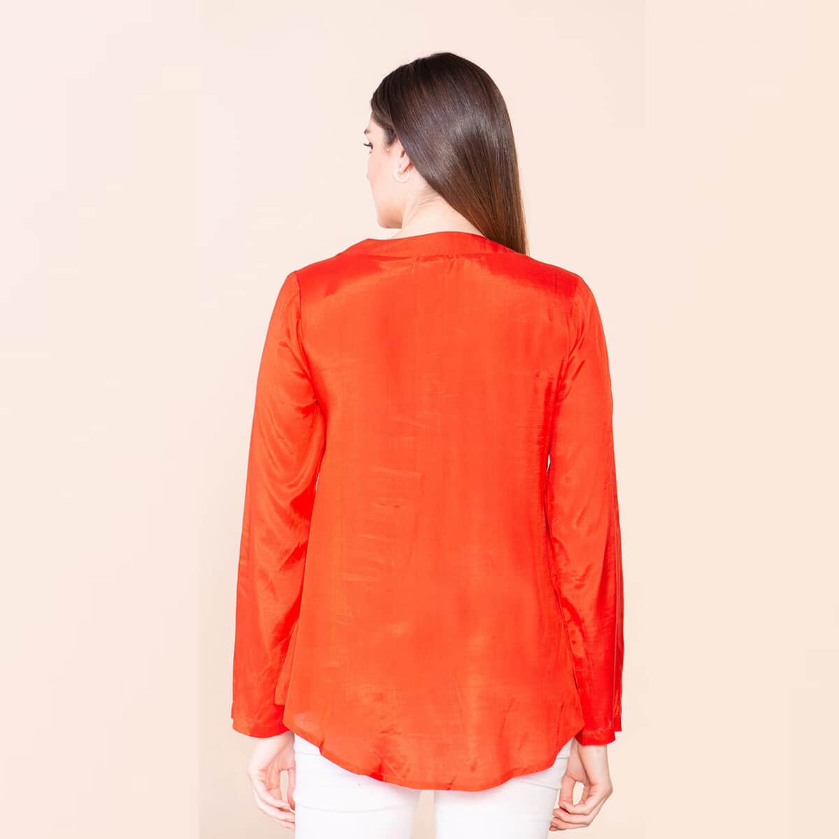 Tamsy Orange 100% Shenton Long Sleeve V-neck Top - M image number 4