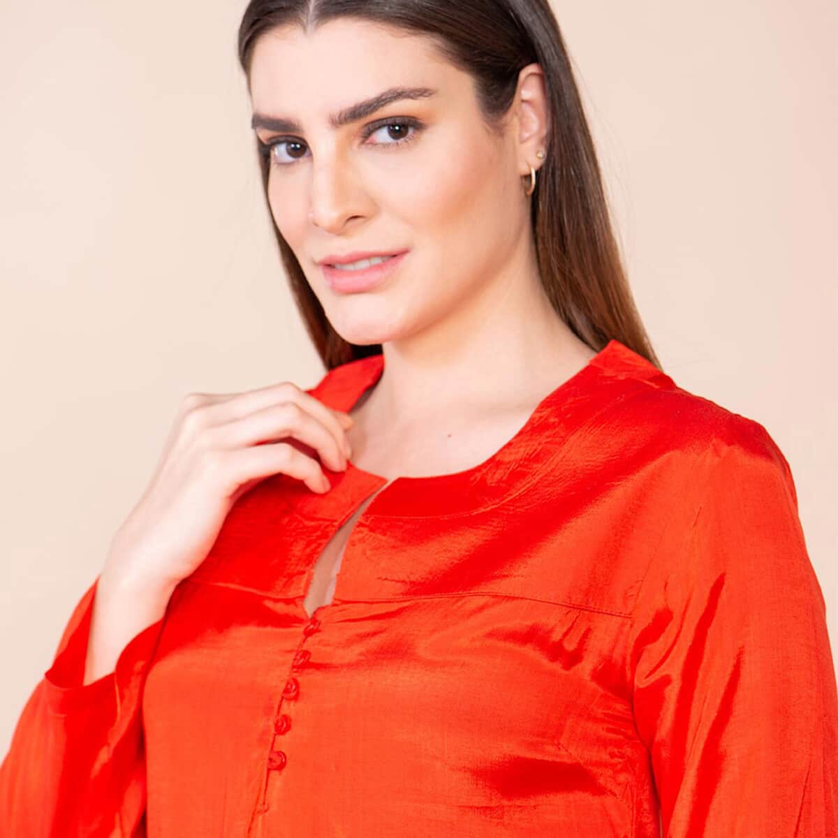 Tamsy Orange 100% Shenton Long Sleeve V-neck Top - M image number 5