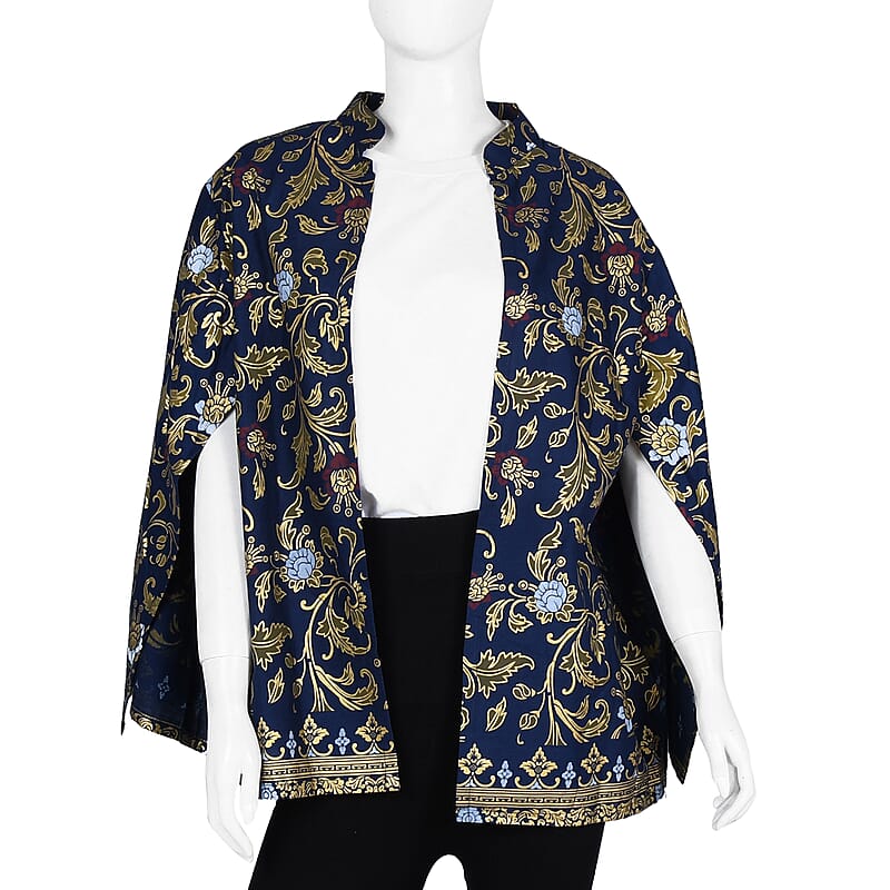 Jovie Blue Floral Motif Printed Batik Capelet Outerwear - One Size Missy