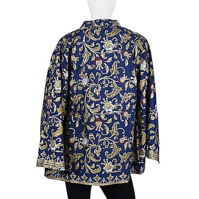 Jovie Blue Floral Motif Printed Batik Capelet Outerwear - One Size Missy