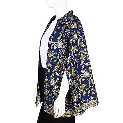 Jovie Blue Floral Motif Printed Batik Capelet Outerwear - One Size Missy