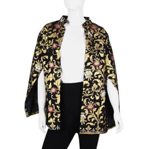 Jovie Black Hibiscus Motif Printed Batik Capelet Outerwear - One Size Missy