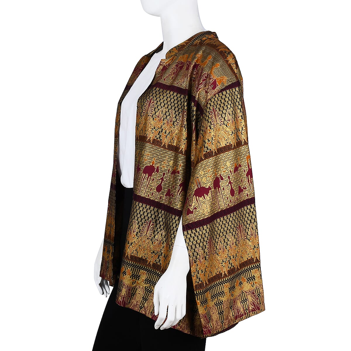 Jovie Red Golden Balinese Era Motif Printed Batik Capelet Outerwear - One Size Missy image number 2