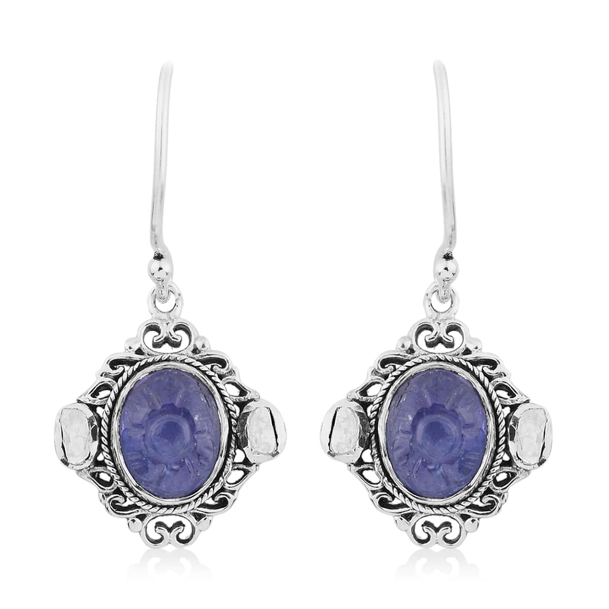 Artisan Crafted Tanzanite Carved and Polki Diamond Earrings in Sterling Silver 7.70 ctw image number 0