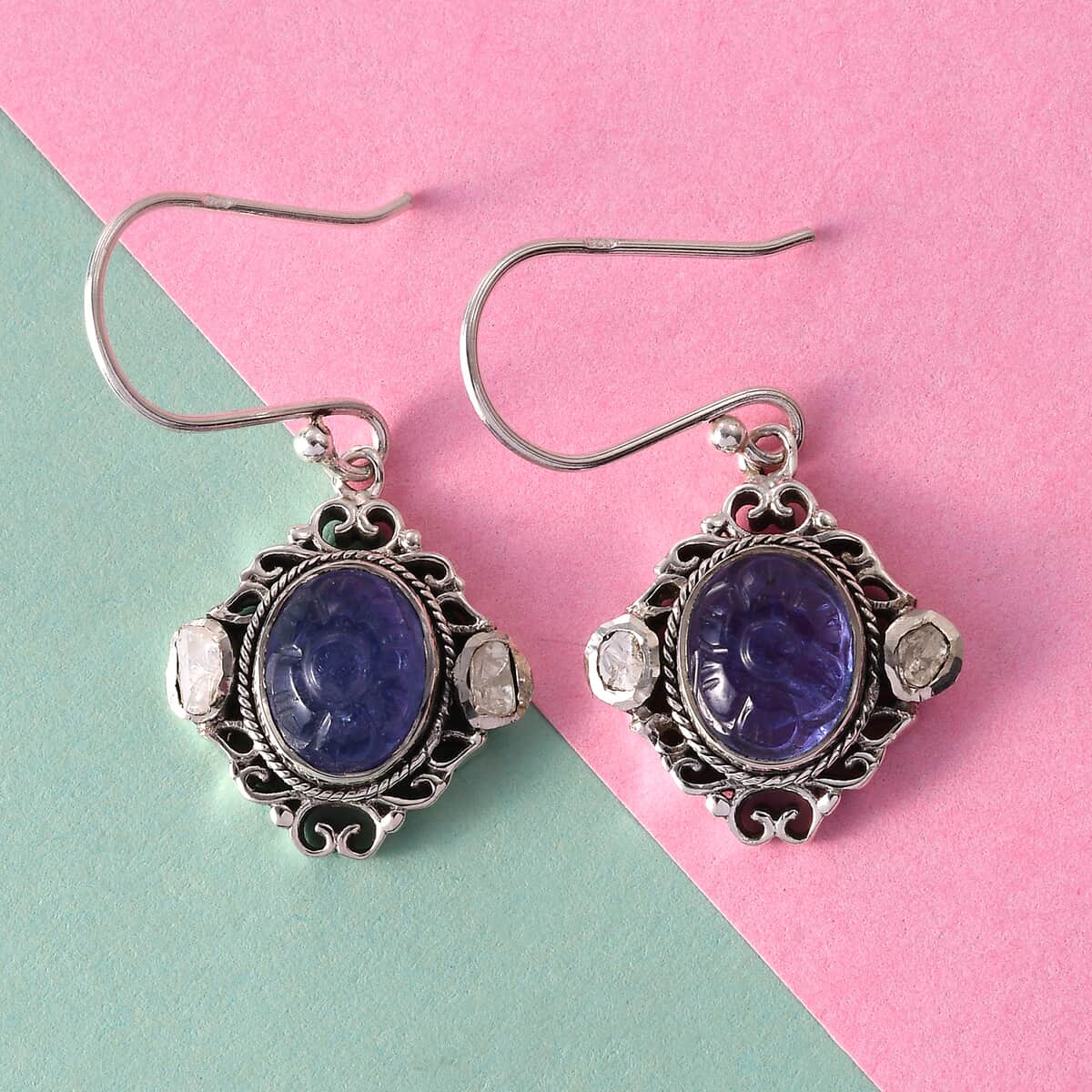 Artisan Crafted Tanzanite Carved and Polki Diamond Earrings in Sterling Silver 7.70 ctw image number 1