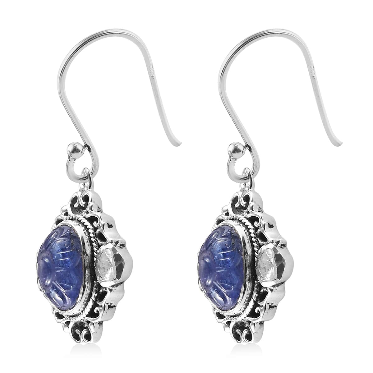 Artisan Crafted Tanzanite Carved and Polki Diamond Earrings in Sterling Silver 7.70 ctw image number 3