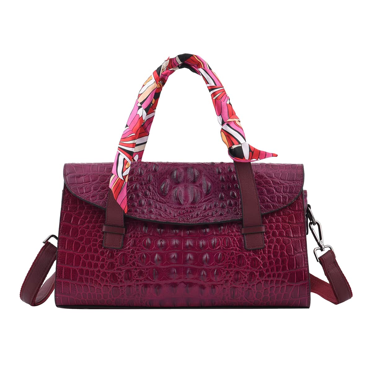 Purple Crocodile Embossed Genuine Leather Convertible Bag with Handle Drop and Shoulder Strap image number 0