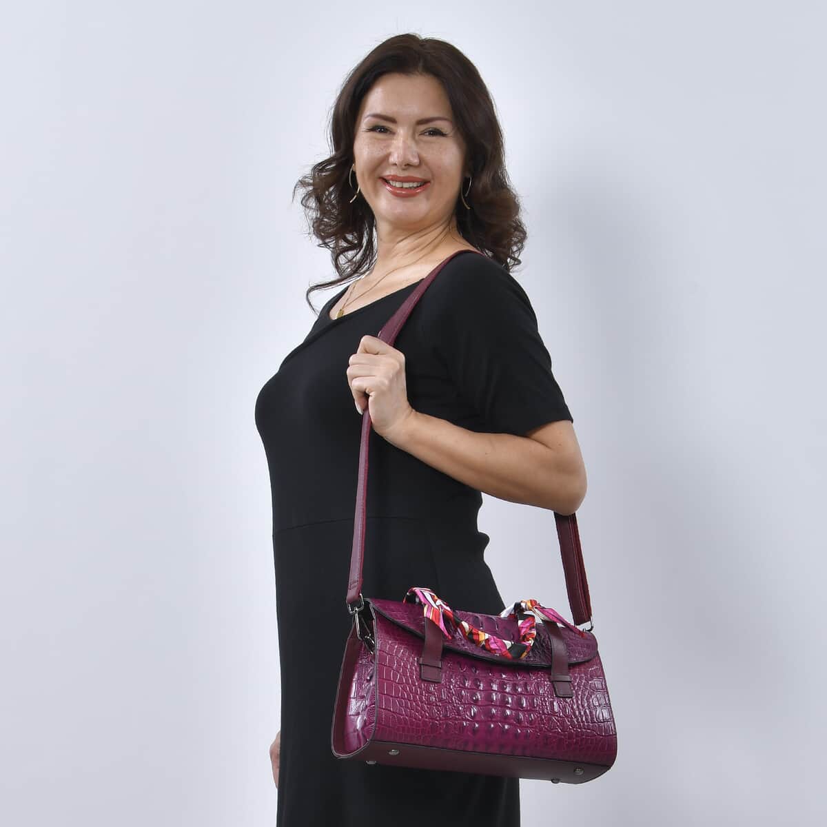Purple Crocodile Embossed Genuine Leather Convertible Bag with Handle Drop and Shoulder Strap image number 1