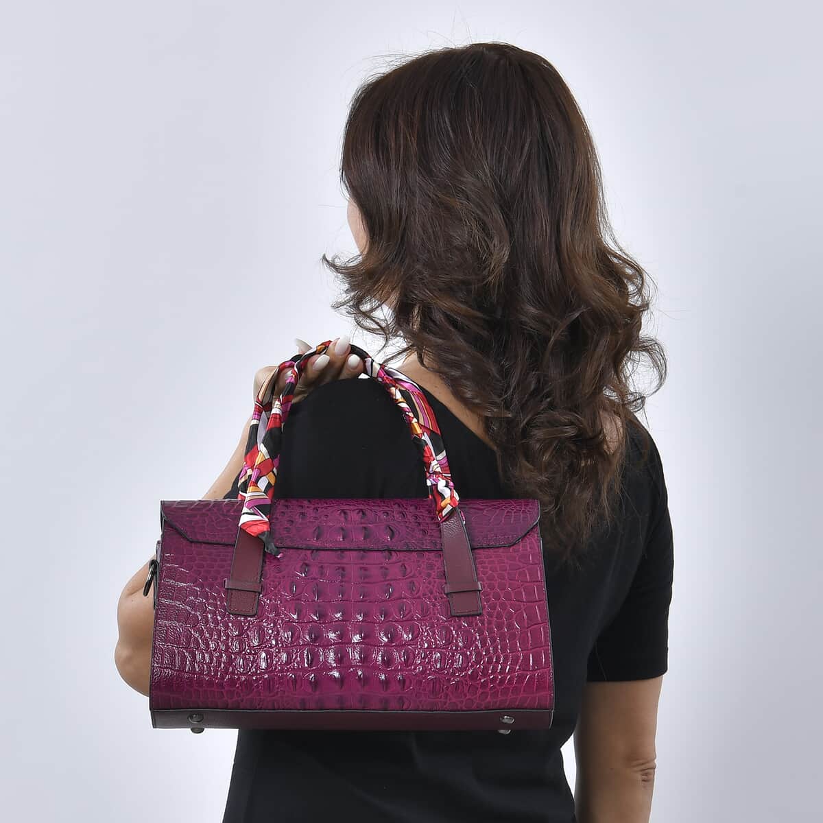 Purple Crocodile Embossed Genuine Leather Convertible Bag with Handle Drop and Shoulder Strap image number 2