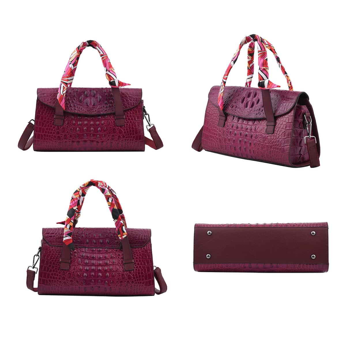 Purple Crocodile Embossed Genuine Leather Convertible Bag with Handle Drop and Shoulder Strap image number 3