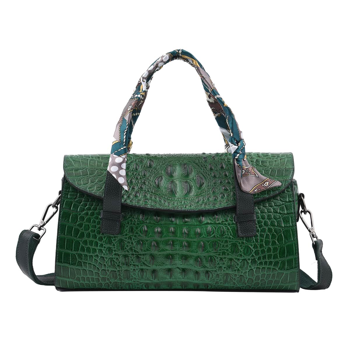 Dark Green Crocodile Embossed Genuine Leather Convertible Bag with Handle Drop and Shoulder Strap image number 0