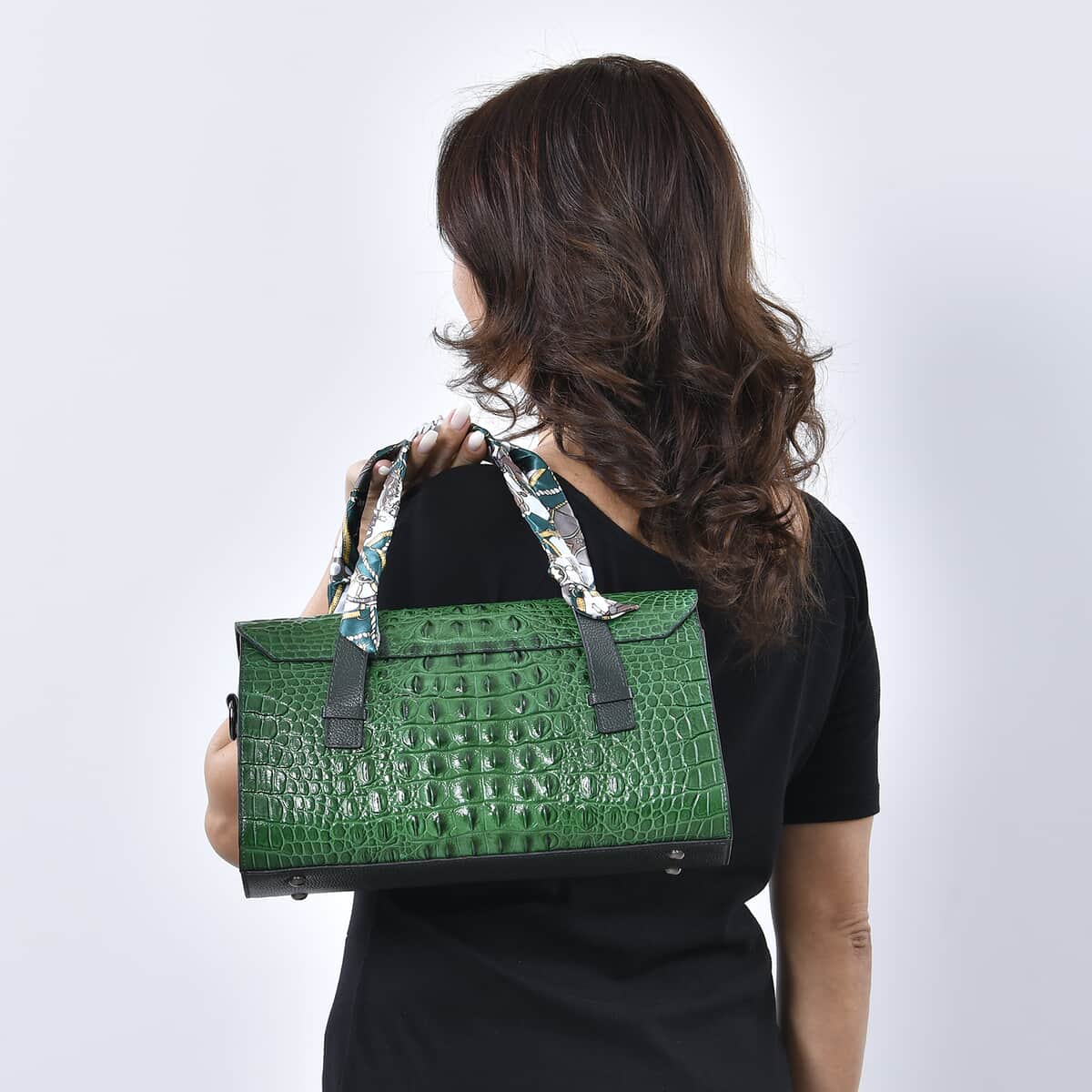 Dark Green Crocodile Embossed Genuine Leather Convertible Bag with Handle Drop and Shoulder Strap image number 2
