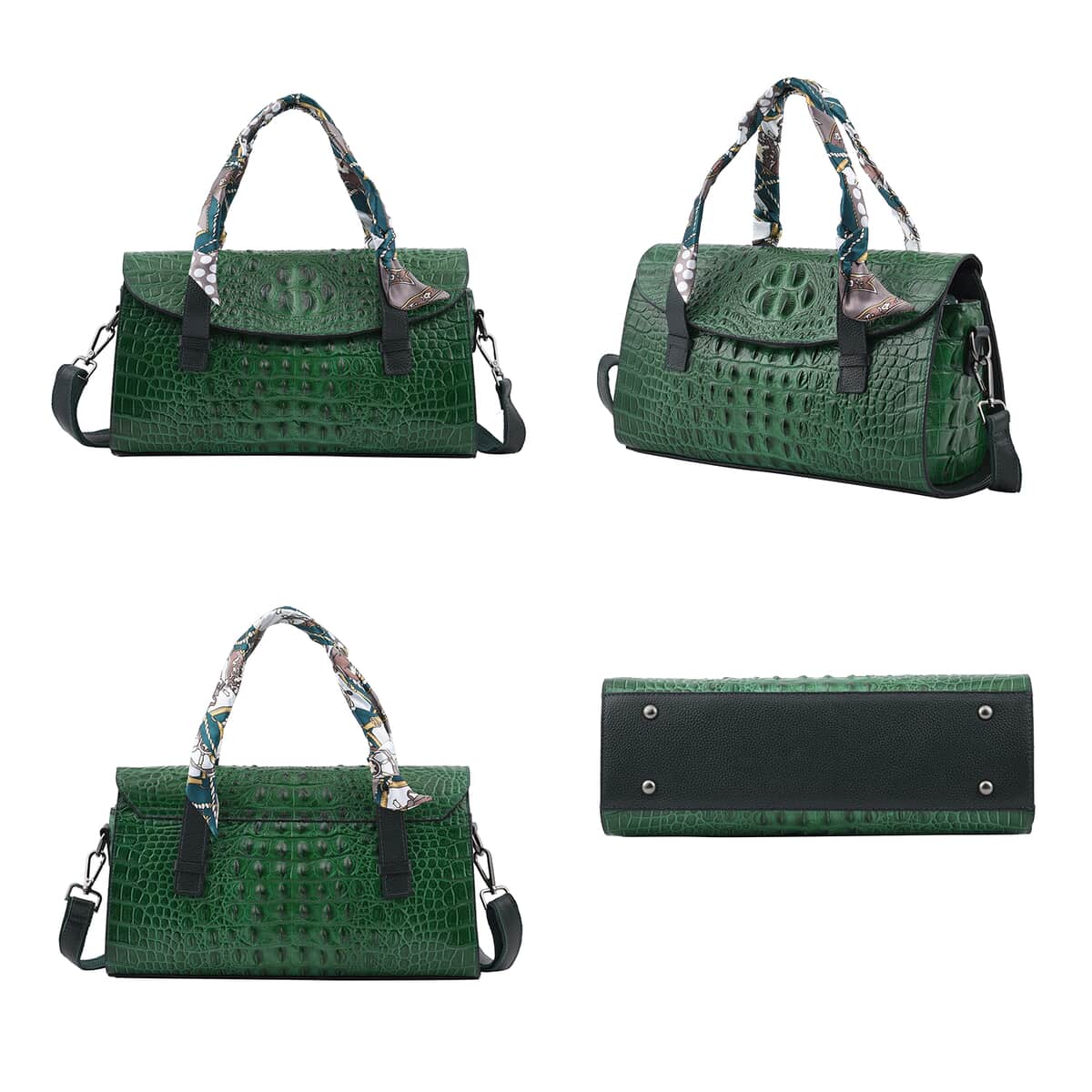 Dark Green Crocodile Embossed Genuine Leather Convertible Bag with Handle Drop and Shoulder Strap image number 3