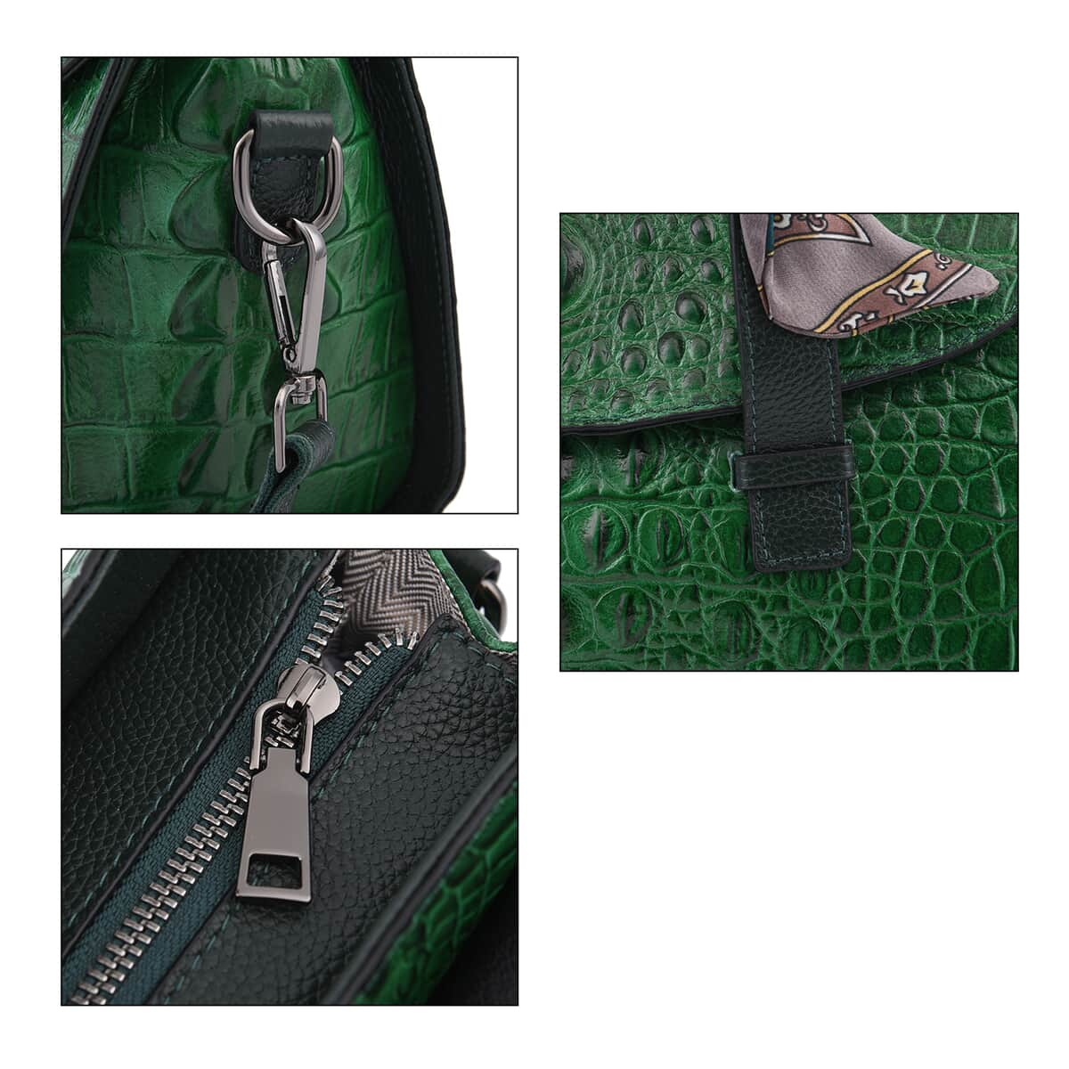 Dark Green Crocodile Embossed Genuine Leather Convertible Bag with Handle Drop and Shoulder Strap image number 4