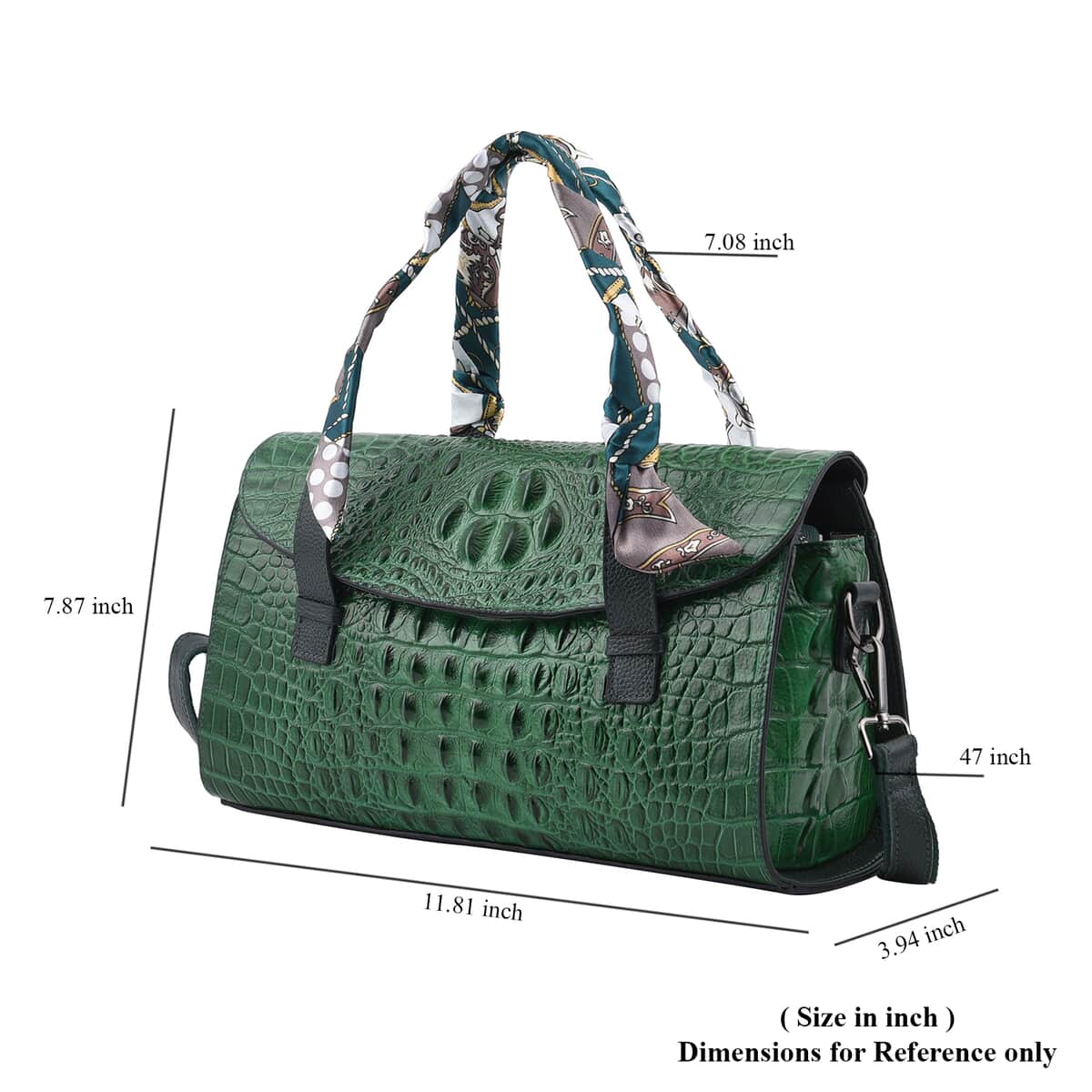 Dark Green Crocodile Embossed Genuine Leather Convertible Bag with Handle Drop and Shoulder Strap image number 6