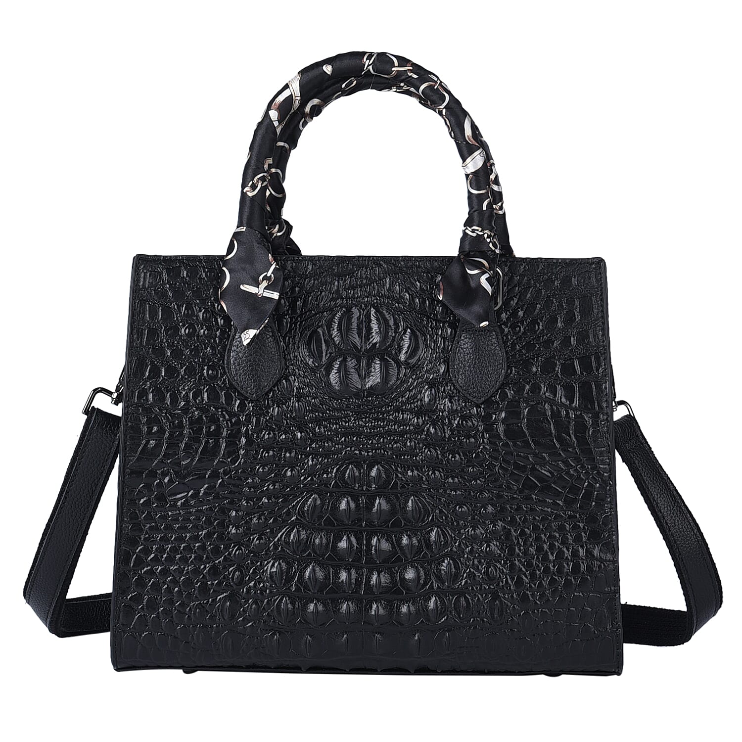 Black Croco Embossed Genuine Leather Tote Bag with Handle Drop and Shoulder Strap