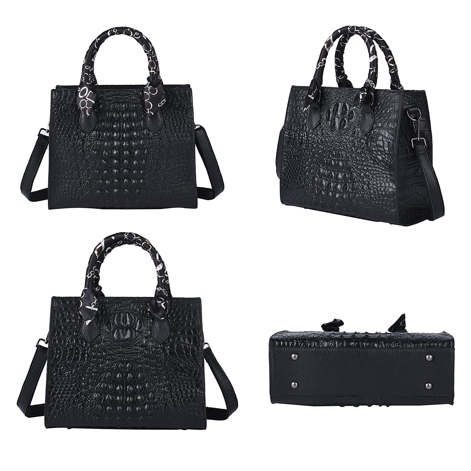 Black Croco Embossed Genuine Leather Tote Bag with Handle Drop and Shoulder Strap