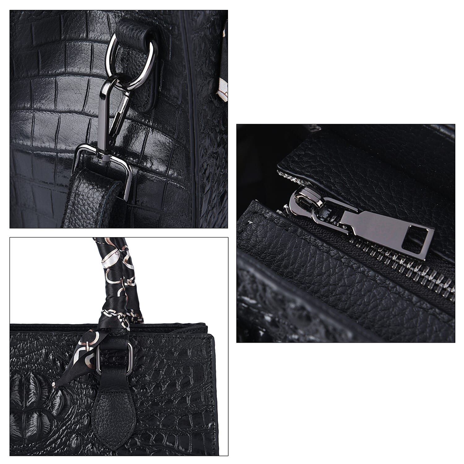 Black Croco Embossed Genuine Leather Tote Bag with Handle Drop and Shoulder Strap