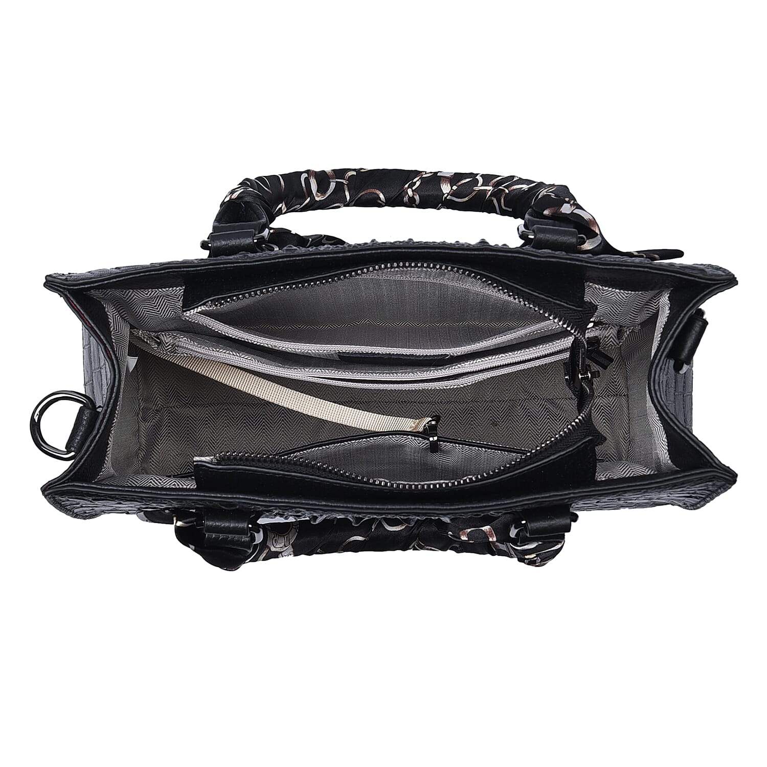 Black Croco Embossed Genuine Leather Tote Bag with Handle Drop and Shoulder Strap
