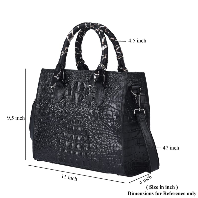 Black Croco Embossed Genuine Leather Tote Bag with Handle Drop and Shoulder Strap