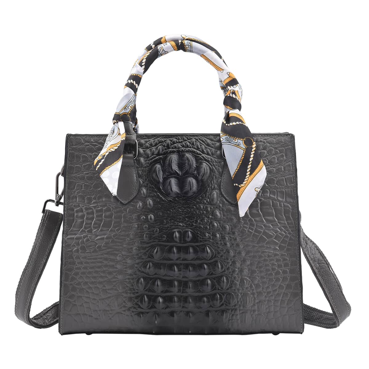 Black Croc-Embossed Genuine Leather Convertible Bag (11"x4"x9.5") with Handle Drop and Shoulder Strap image number 0